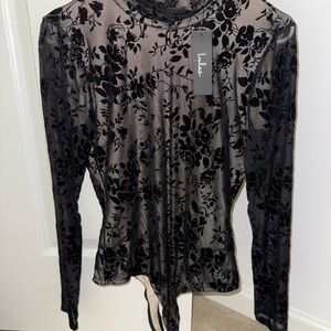 Lulu's tags on Black Floral Mesh Bodysuit